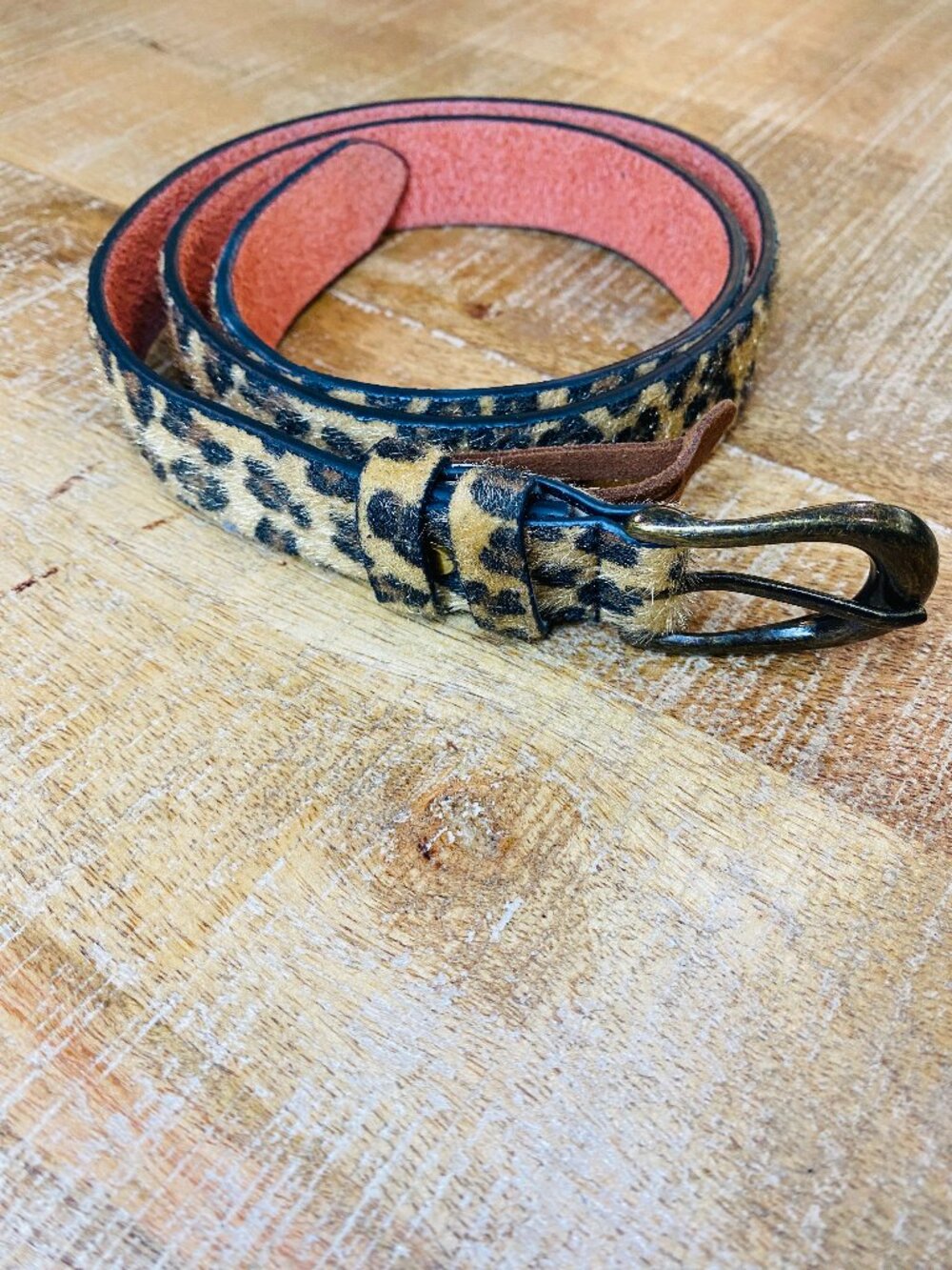 Leopard Print Calf Hair Leather Skinny Belt Antique Brass Buckle Womens 33-37